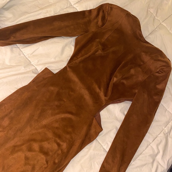 House of CB London Brown Suede Maxi Dress High Neck Cutout Slit Tan Zipper back - Picture 9 of 17